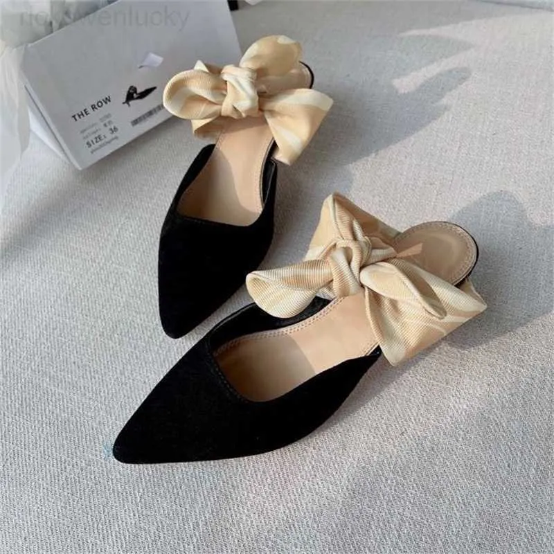the row 2023 Spring Summer New The Row Bow Muller Shoes Pointed High Heels Half Trailer French Shoes Little Cat Heel Sandals