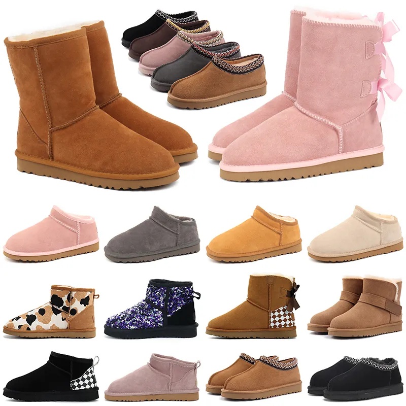 Designer laarzen voor vrouwen Tasman Ultra Mini Boot Australie Winter Snow Fur Booties Pink Black Chestnut Bow Bow Bower Damesschoenen Outdoor Sneakers