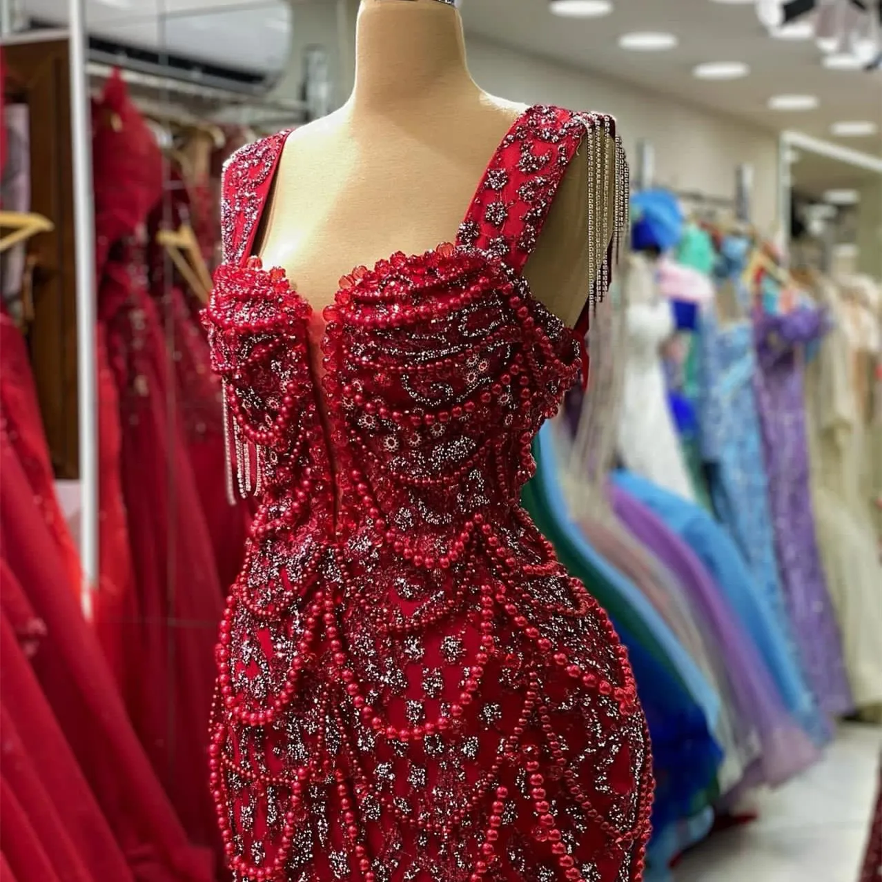 2023 August Aso Ebi Red Mermaid Prom Dress Pearls Crystals Luxurious Evening Formal Party Second Reception Birthday Engagement Gowns Dresses Robe De Soiree ZJ724