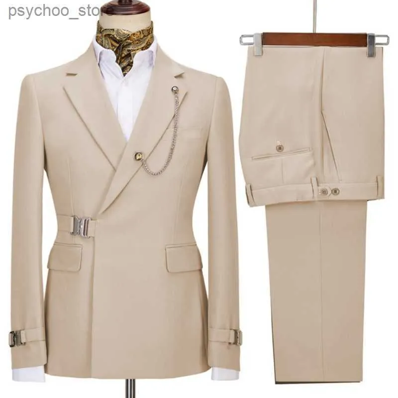 Beige Double Breadted Mens Suits 2 Pitch Belt Design Coat Pant Pant Suits Wedding Suits Groom Prom Tuxedos Blazer Set Q230828