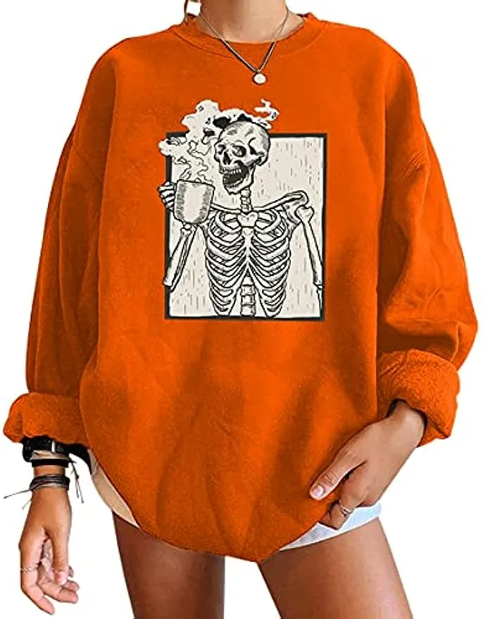 Oversized fleece-sweatshirt met ronde hals, lange mouwen en verlaagde schoudertrui met Halloween-schedel en grafische print