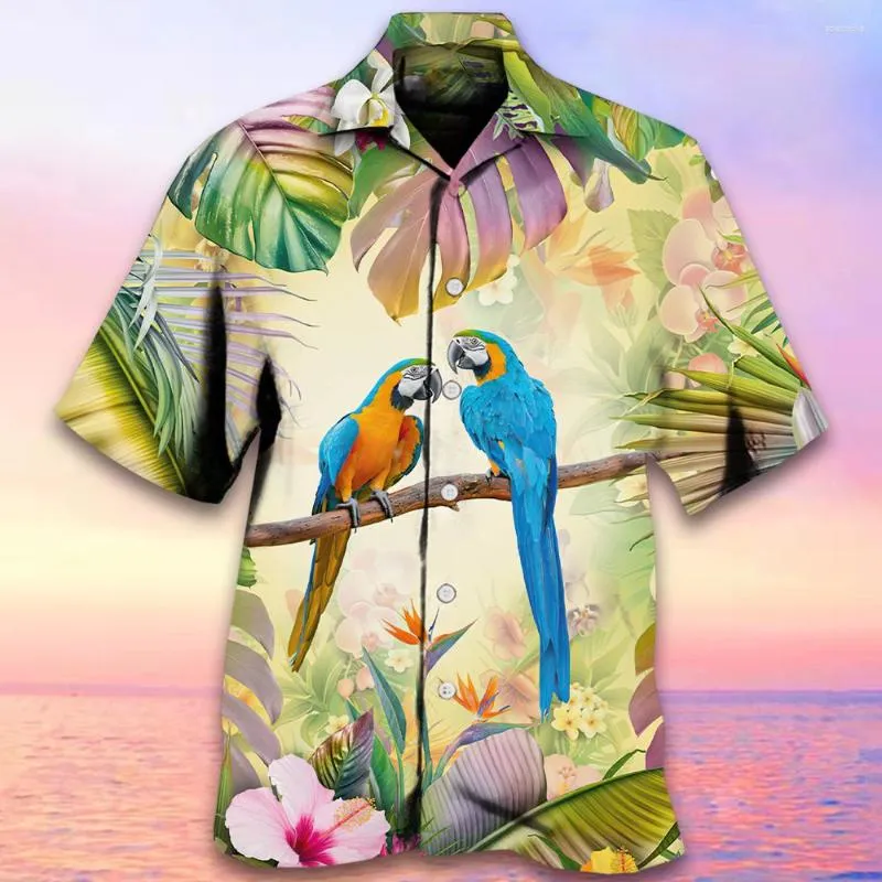 Men's Casual Shirts Hawaiian Shirt For Men 3D Flower Print Summer Clothing Oversized Short Sleeve Tees Streetwear Parrot Blouse