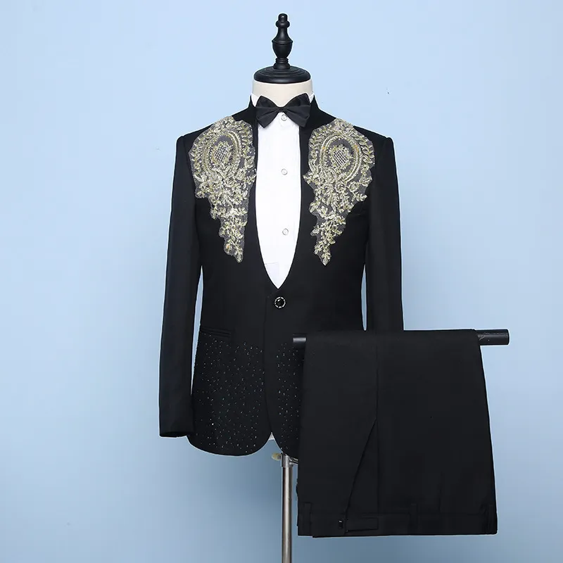 Abiti da uomo Blazer completo da uomo coro performance set di paillettes ricamate colletto in piedi abito da ospite abito da sposa uomo 230828