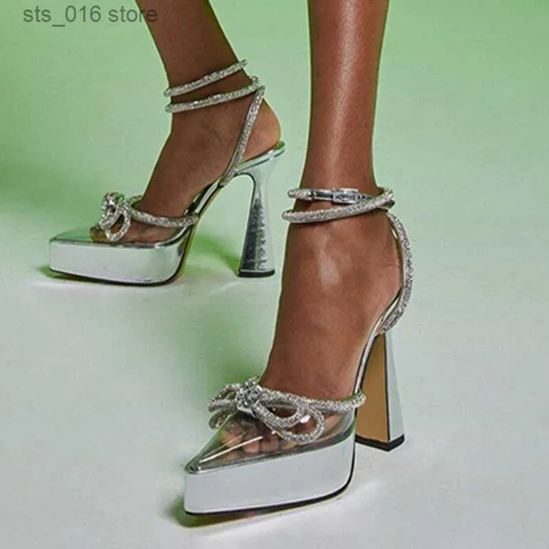 Crystal Dress PVC -platform Sandalen Bow Satin Clear RiTestone Pointed Toe Square Heel Heel Birt Buckle Bling Bling Roman Sexy Woman Shoes T230828 427