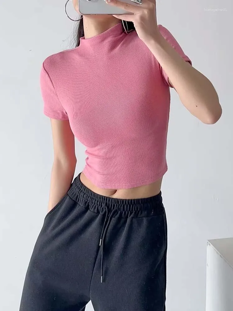Women's T Shirts Ladies 2023 Summer Woman Basic Skinny Tight Fit T-shirt Sexy Tee High-strecth Short-Sleeve Knit Crop Tops