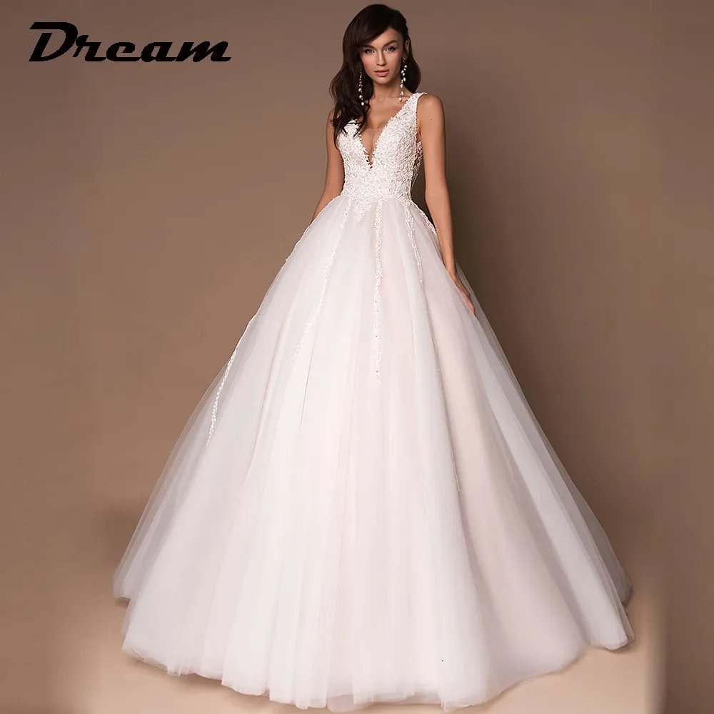 Robes sexy urbaines DREAM Tulle col en V profond sans manches princesse mariage 2023 à lacets perles appliques robe de mariée robe de bal robes De Novia 230828