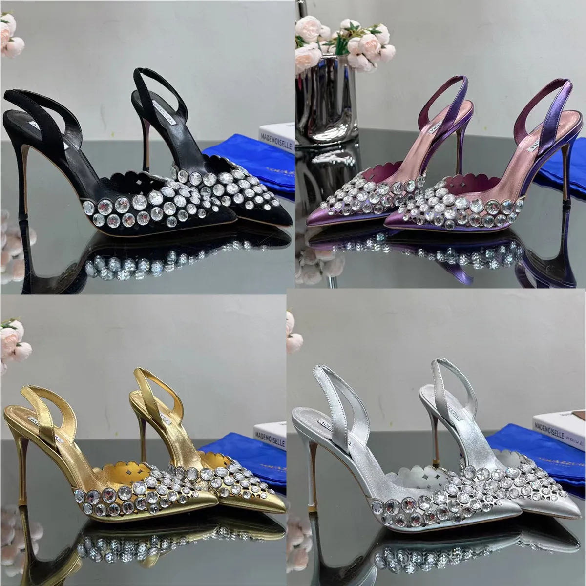 AQUAZZURA Sandálias de Salto Alto Cristal Decoradas Mulheres Couro Genuíno Malha Oca Costas Vazias Sapatos Casuais Cetim Pão Toe Ponta Toe Designer Sapatos de Festa