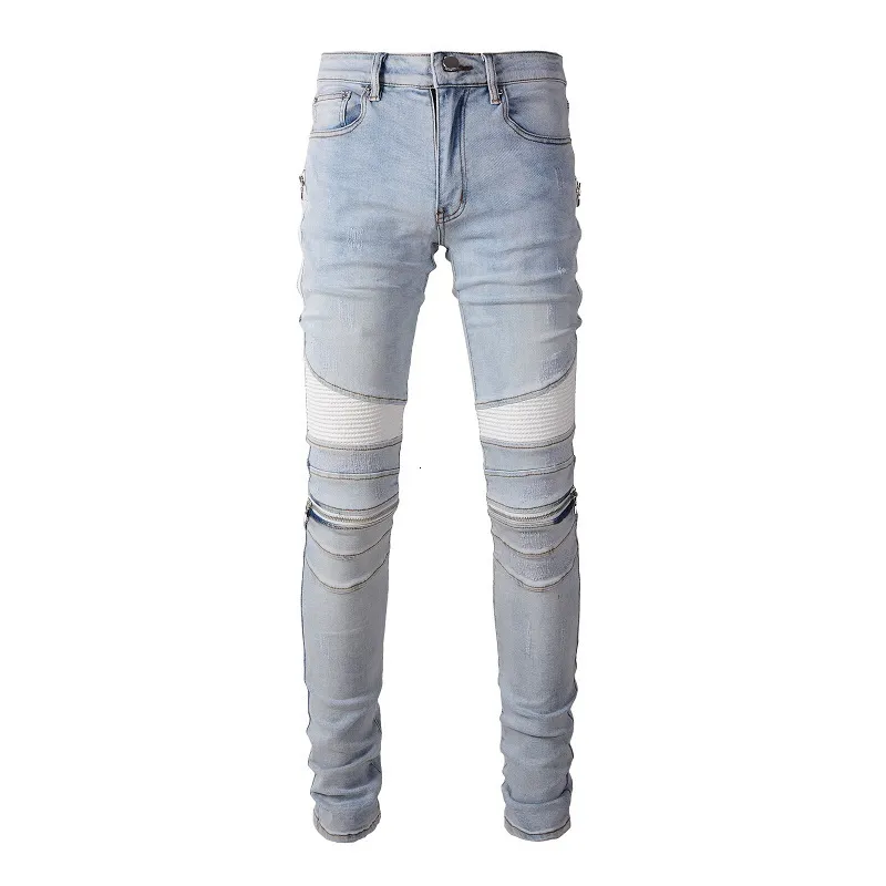 Męskie dżinsy Eu motocyklowe motocykliny jasnoniebieskie streetwear w trudnej sytuacji Patchwork Roszone boki Zippers 230828