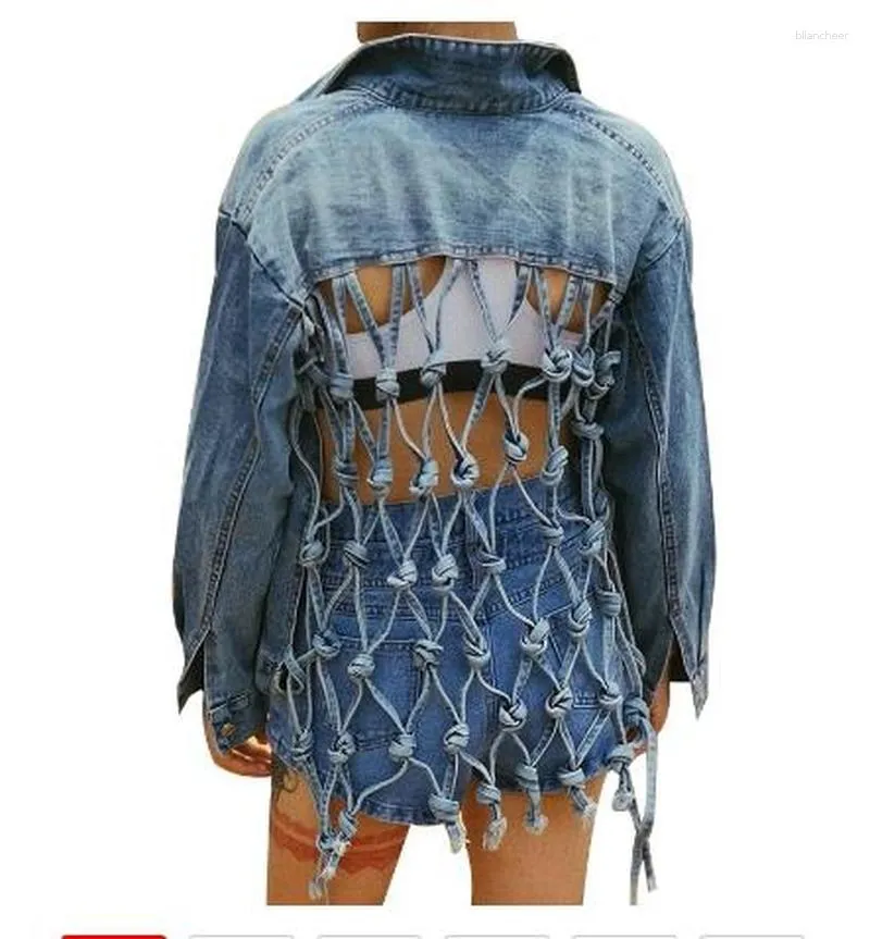 Women's Jackets High Street Tassel Jeans Jacket Backless Hollow Out Female Kpop Bandage Streetwear Casual Denim Washed Frayed Aesthetic