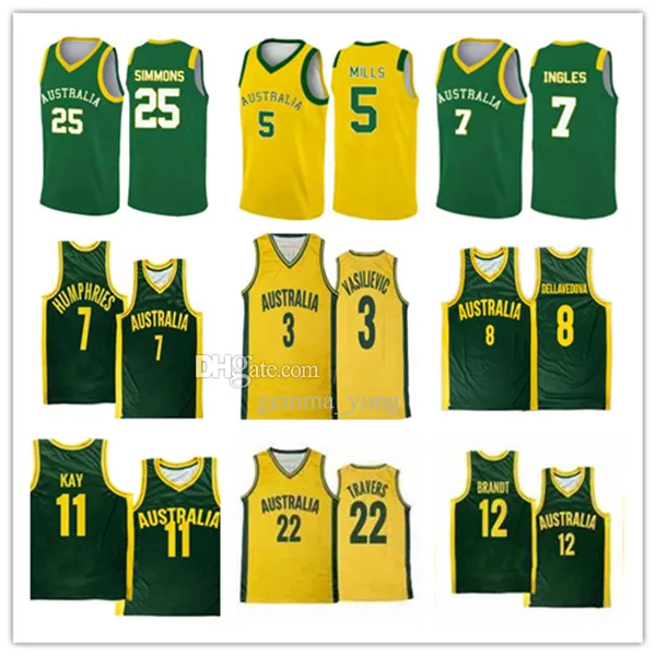 Basketbalshirt Australië WK 2023 5 PATTY MILLS 3 Josh Giddey 12 Xavier Cooks 11 Dante Exum 8 Matthew Dellavedova 7 Joe Ingles 26 Duop Reath Josh Green Nick Kay