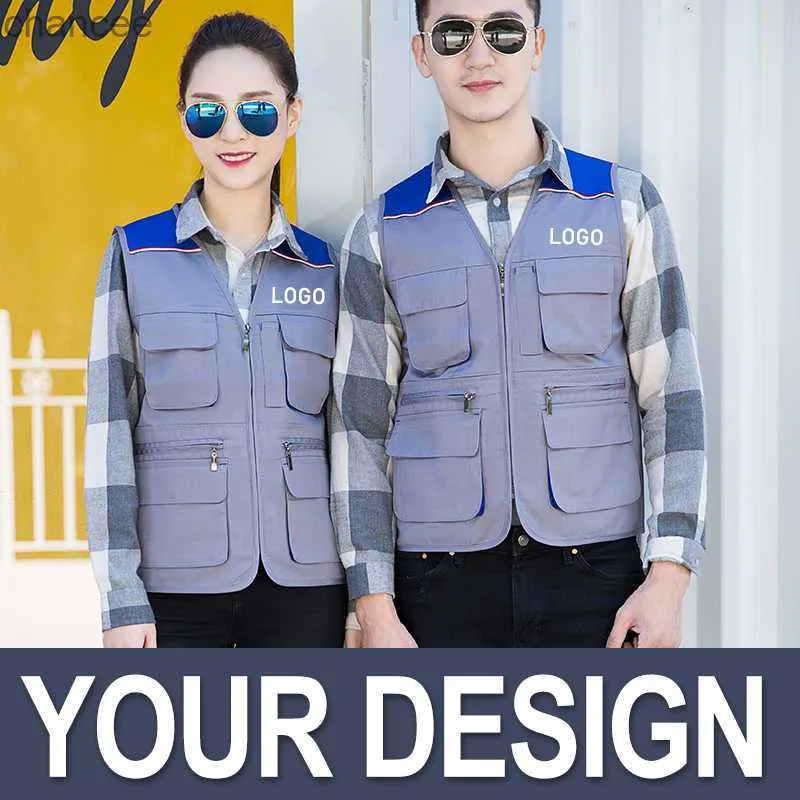 Mixed Gray Black Color Workwear Mens Overalls Vest With Multi-Pockets For Photograph Waistcoat Custom PrintIng Embroider HKD230828