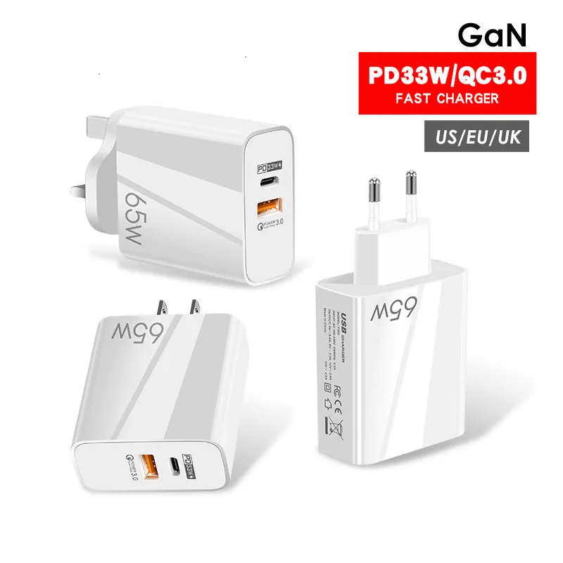 Chargeur USB C 65W alimentation USB-C 2 Ports chargeurs rapides QC 3.0 PD GaN chargeur rapide pour MacBookPro Air iPhone 14 13 12 Pro Huawei Xiaomi