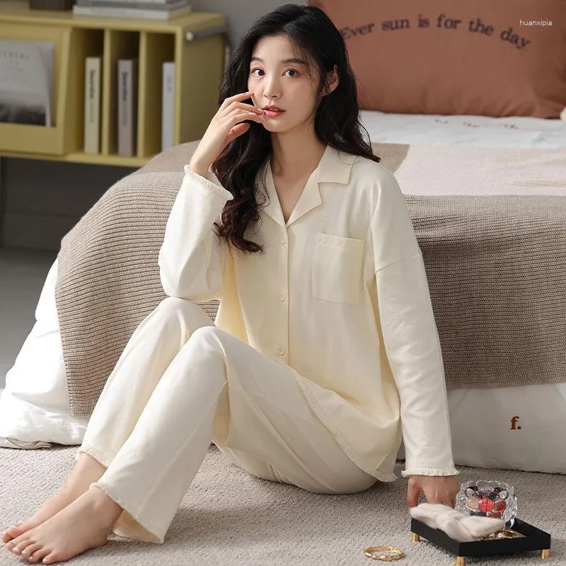 Womens Sleepwear Elegant Solid Color Turn Down Collar Pajamas Set For Women  Full Cotton Autumn Winter Long Sleeve Homewear Loose Casual From 25,58 €