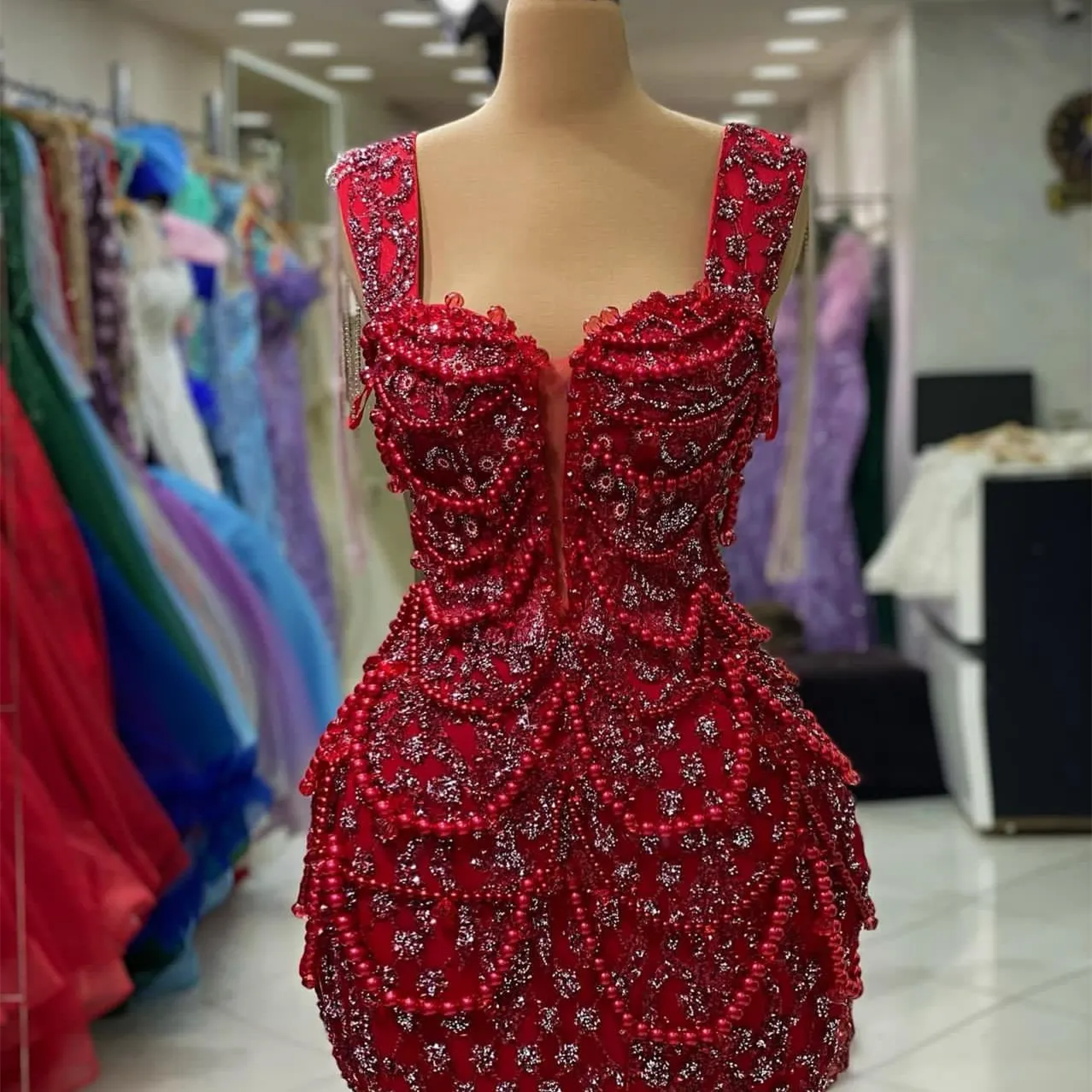 2023 August Aso Ebi Red Mermaid Prom Dress Pearls Crystals Luxurious Evening Formal Party Second Reception Birthday Engagement Gowns Dresses Robe De Soiree ZJ724