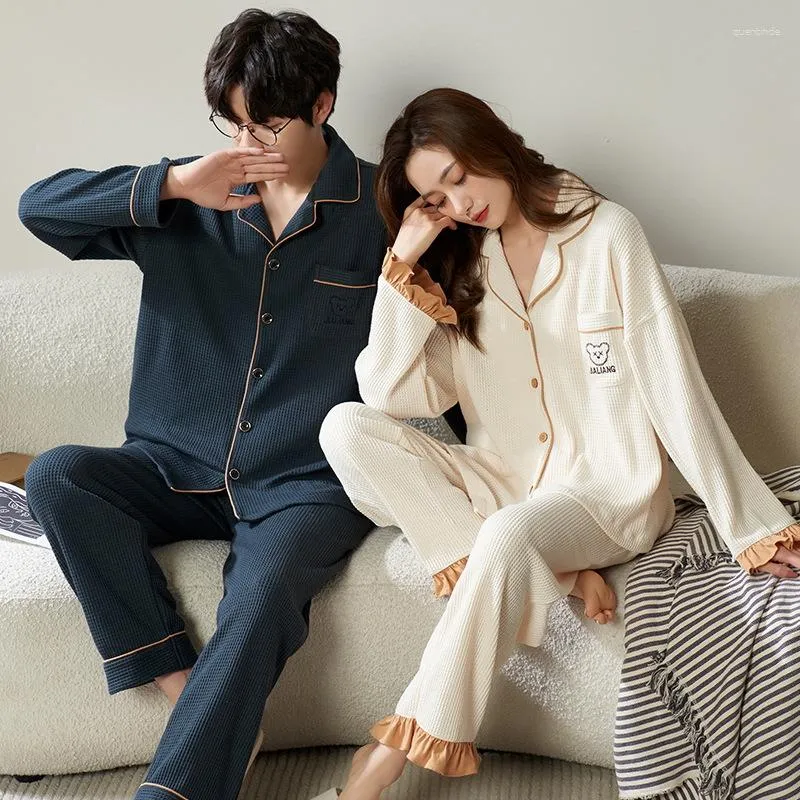 Men s Sleepwear Couple Cotton Home Suit Women s Pajamas Autumn Nightwear Long Sleeping Tops Pant Spring Homewear Homme Free Ship