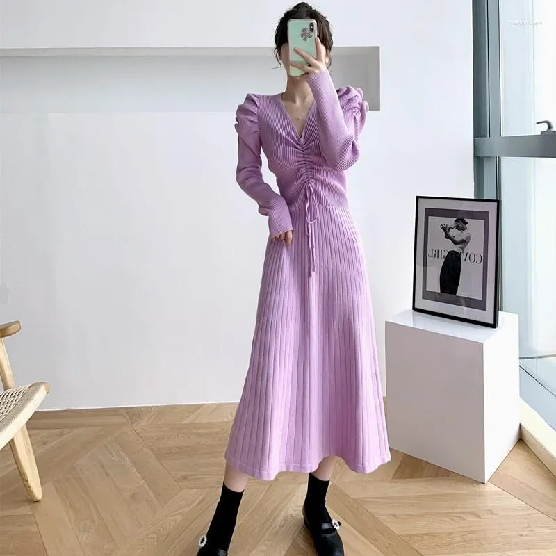 Casual Dresses European Autumn and Winter Retro Slim Slime Outer Wear Drawstring Mid-Length Knitted Women Fashion 2023