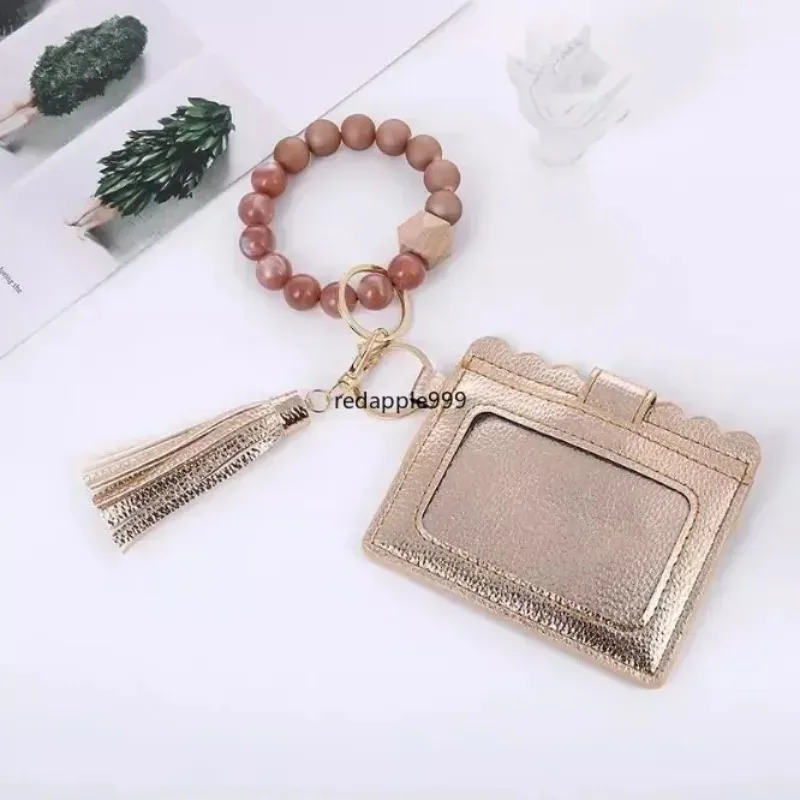 Fashion PU Leather Bracelet Wallet Keychain Party Bangle Key Ring Holder Card Bag Silicone Beaded Wristlet Handbag Women Wrist Car Rings with Tassel