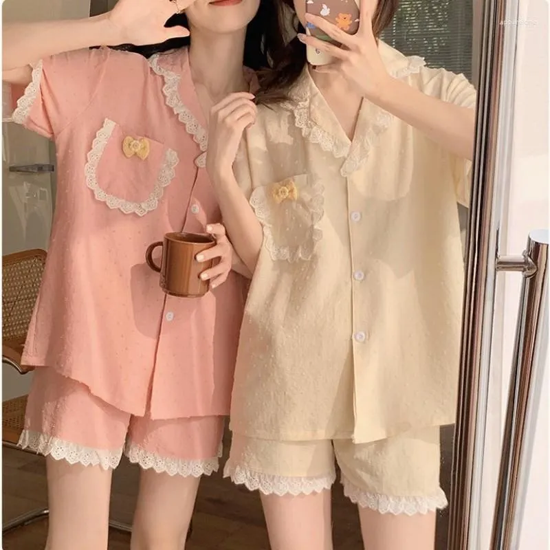 Women's Sleepwear Korean Version Of The Ladies Pajamas V-Neck Short-sleeved Shorts Sets Summer Lace Princess Wind Girls Home Lounge Wear