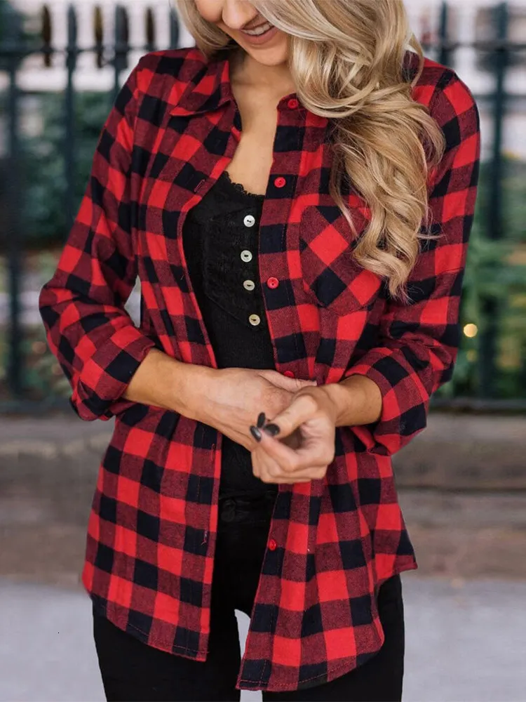 Vestes pour femmes Femmes Chemises à carreaux Haut à manches longues Boutonné Chemisier Buffalo Veste en coton Tunique coupe classique Chemise de Noël rouge 230828