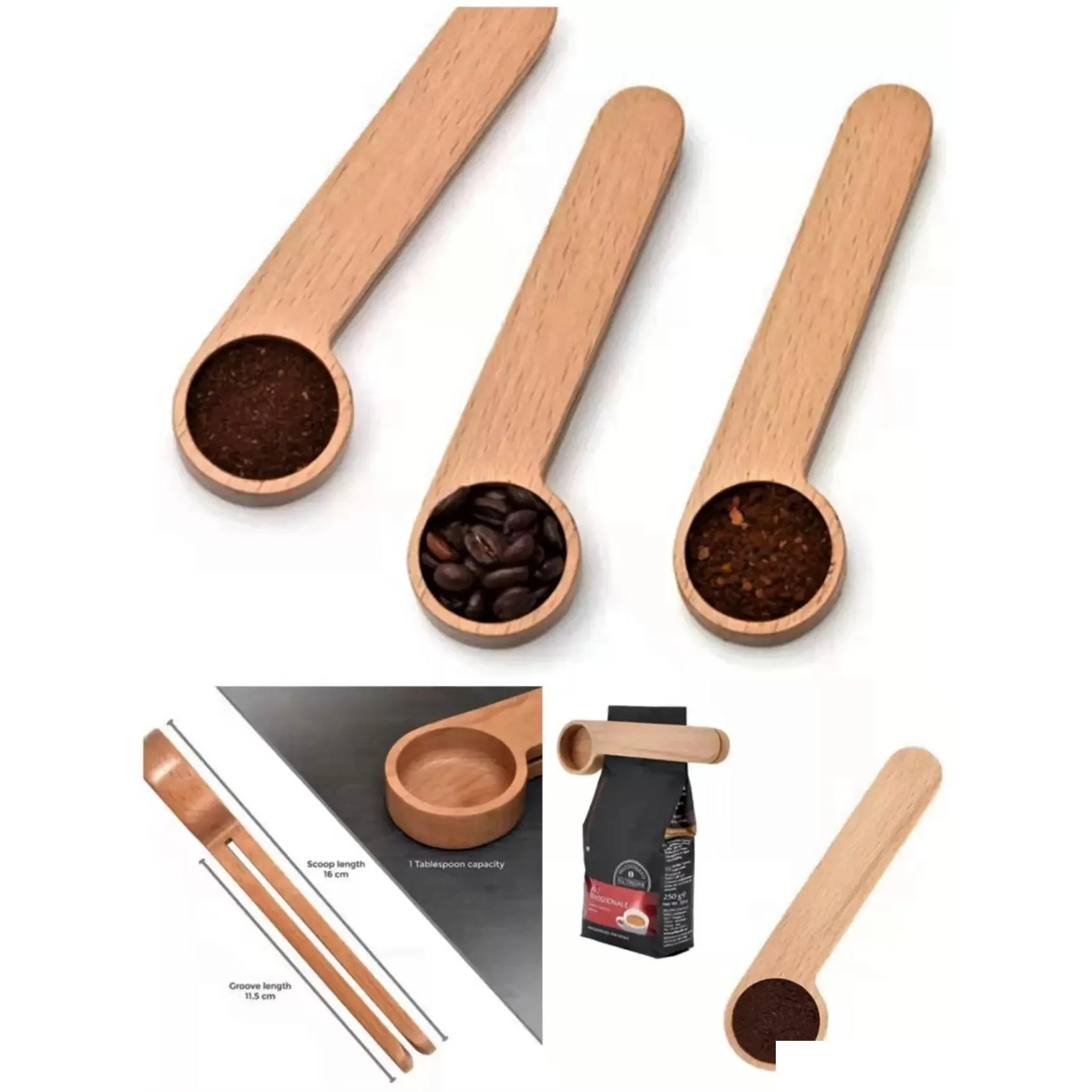 Coffee Scoops Wholesale Wooden Scoop With Clip Tablespoon Solid Beech Wood Measuring Tea Bean Spoons Clips Gift Drop Delivery Home Gar Dhjq7