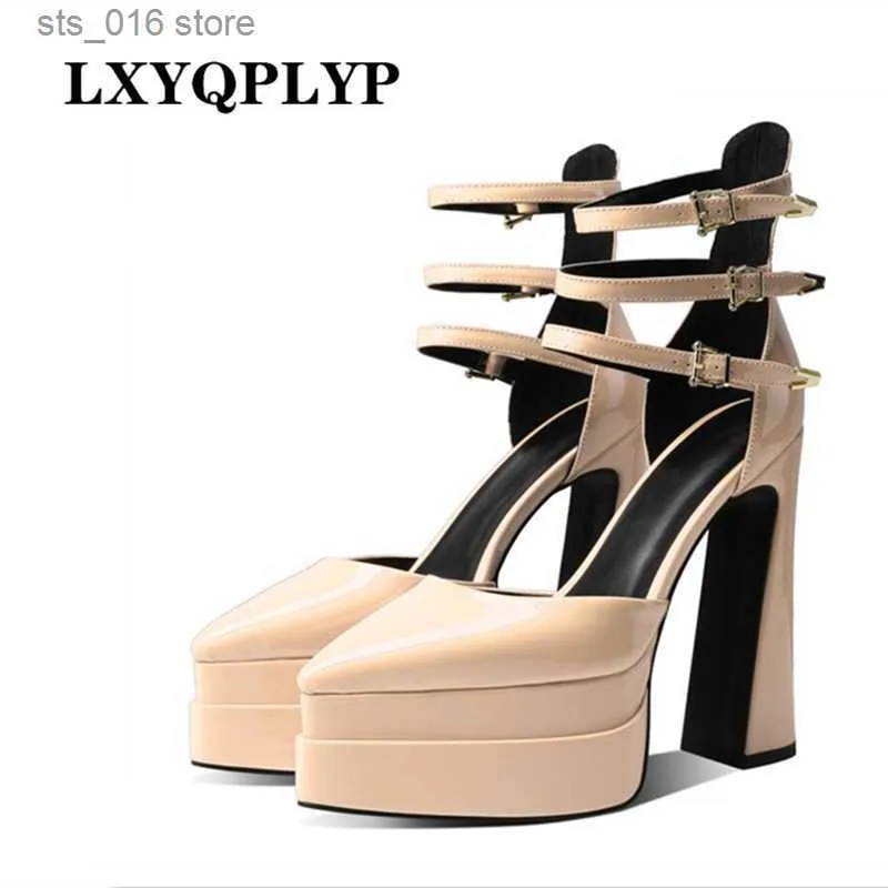 Leer Patent Romeinse merk Dress Toe Pointed Nieuwe Sandalen Damesplatform Zomer Dikke Hoge Heel Sexy Ladies Party Shoes Pumps T230828 510