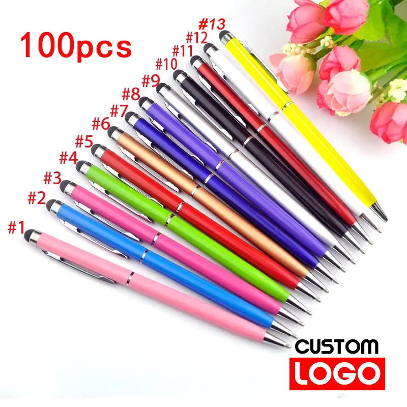 Balpennen 100 pennen per verpakking Mini metalen 2-in-1 stylus Universele balpen Tekstgravure Aangepaste kantoorschool Reclamepen 230827