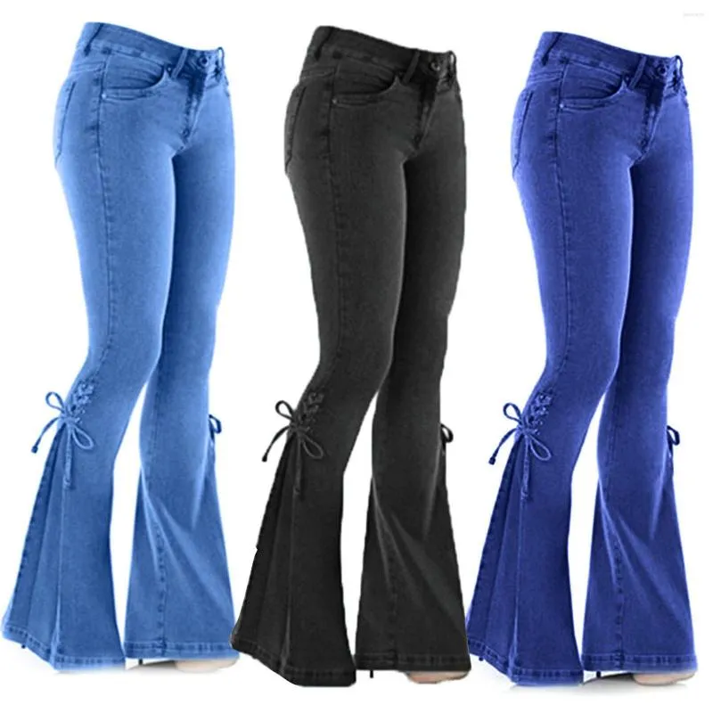 Jeans da donna 2023 Pantaloni svasati elasticizzati a vita media sexy Donna Slim Fit Denim Gamba larga Casual Stile coreano Skinny Tasca con fondo a campana Tro