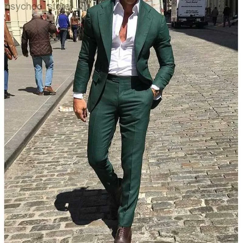Latest Design Dark Green Notched Lapel With One Button Men Suits Slim Fit 2 Pieces Com Homme Groom Tuxedos Terno Masculino Q230828
