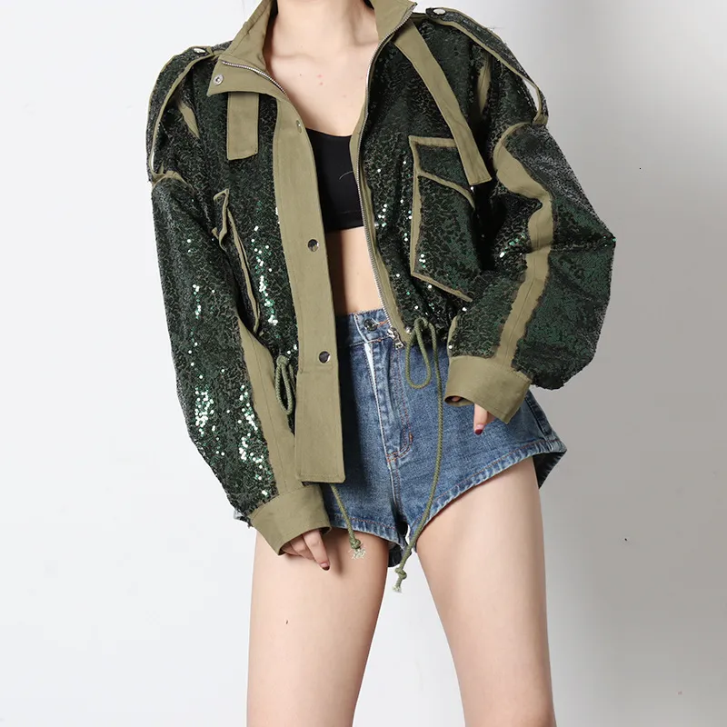 Womens Jackets Street Fashion Spring Army Green Sequins Stitching
