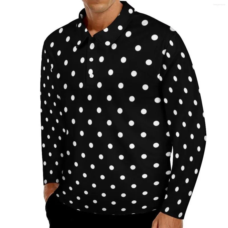 Men's Polos Black Polka Dots Casual T-Shirts Vintage Print Polo Shirt Man Street Style Long Sleeve Pattern Clothing Big Size 5XL 6XL