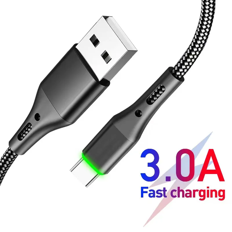 Lumière LED 3A Type C câbles Micro USB Charge rapide pour Samsung Android cordon de téléphone portable câble de Charge tressé