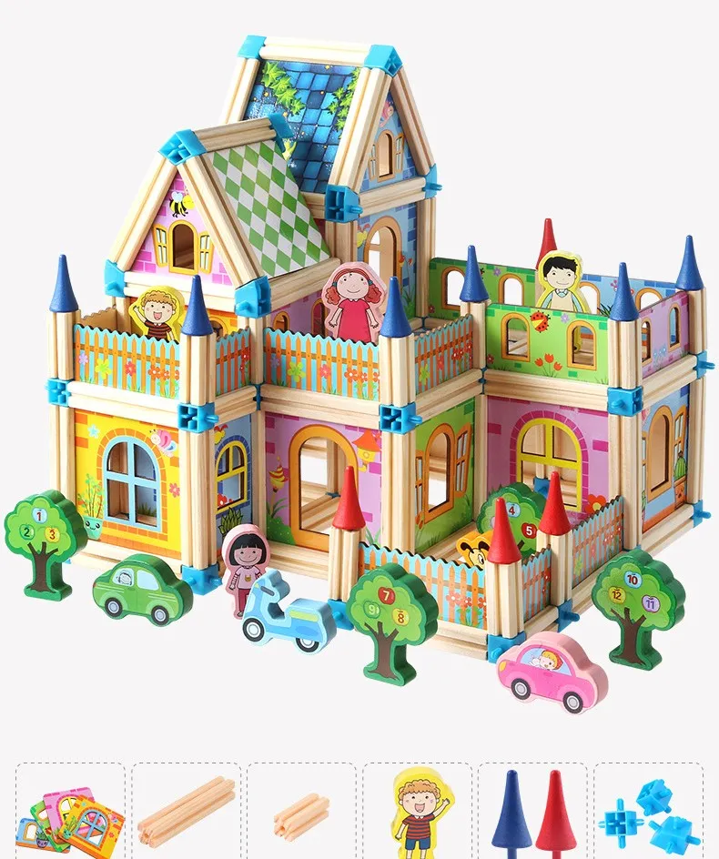 Wooden Castle Building Blocks Set Interactive Parent-Child Game for Kids