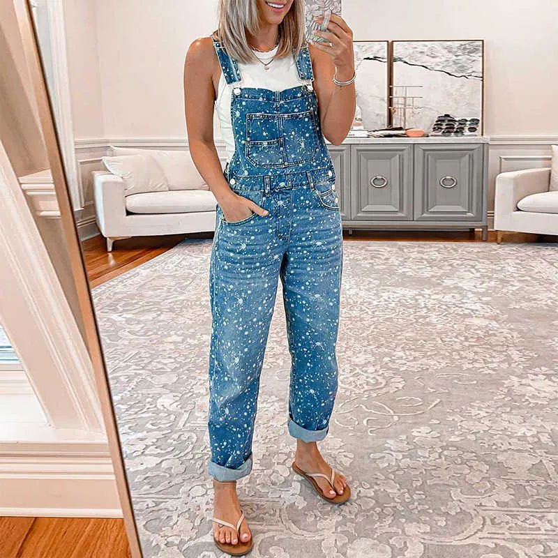 Jumpsuits für Frauen ROMPER 2023 BodySuit Mode Frauenstraße lose Taille hohe Taillenpolka Dot Print Denimhose T230825