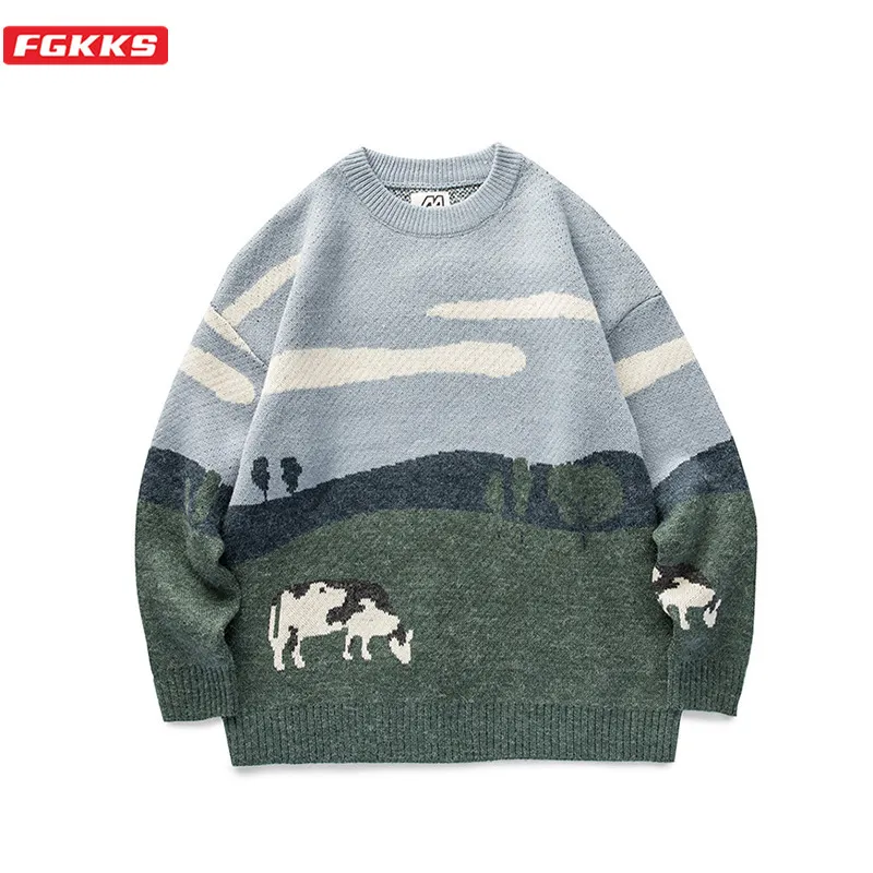 Suéter masculino fgkks vacas inverno pulôver suéteres homens o-pescoço roupas coreanas fashions casual harajuku vintage suéter masculino 230828
