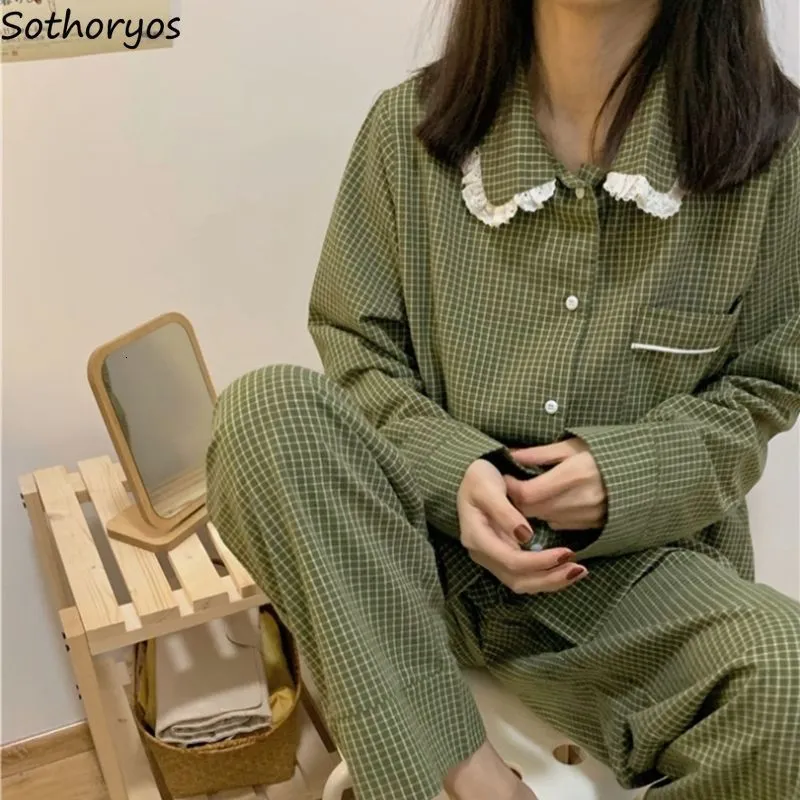 Kvinnors sömnkläder Plaid Casual Pyjama Set Women Single Breasted Ins Japan Turndown Collar Nightwear Spring Fall Elastic Midje Homewear Mujer 230828