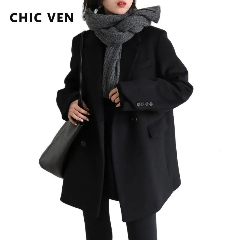 Womens Wool Blends CHIC VEN Women Blend Coat Solid Mid Long Woolen Blazer Thick Warm Blouse Overcoat Office Lady Tops Autumn Winter 230828