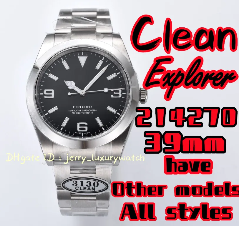 Clean 214270 Explorer Orologio da uomo di lusso 3230 Movimento meccanico in acciaio 904L, 39 mm super luminoso business subacqueo 124270