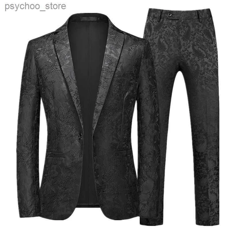 Fashion Brand Men's Jacquard Suit Classic Black / White / Blue / Navy Business Wedding Banquet Party Dress Men Blazers Pants Q230828