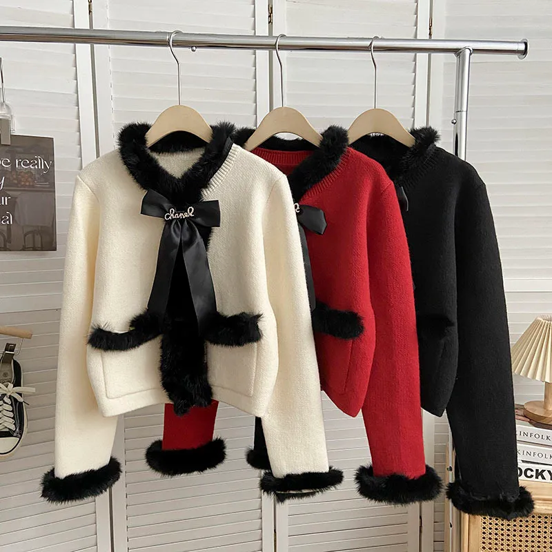 Womens Knits Tees Colored Wool Collar Bow Tie Long Sleeved Short Jacket Winter Korean Loose and Versatile Sweater Cardigan 230826