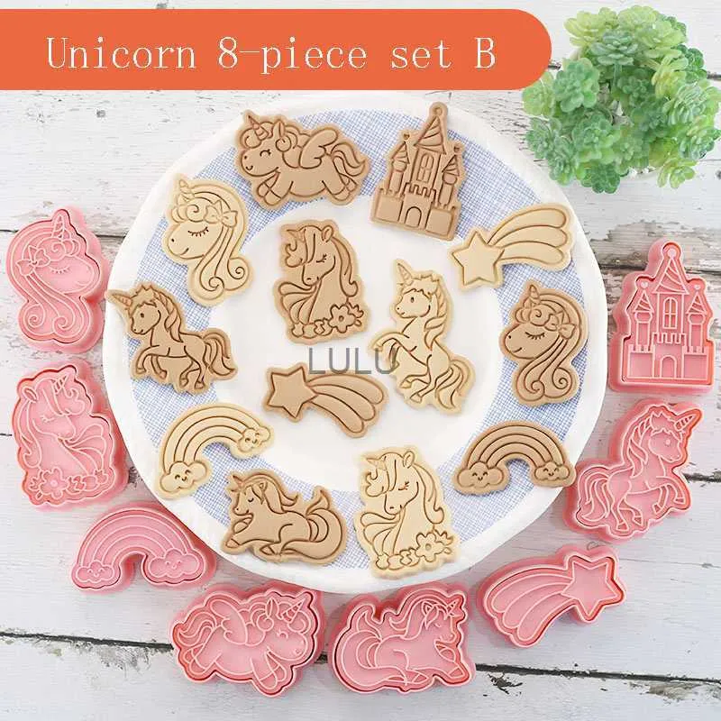 8 stks/set Cookie Cutters Plastic 3D Eenhoorn Vorm Cartoon Drukbare Biscuit Mold Cookie Stempel Keuken Bakken Gebak Bakvormen Tool HKD230828