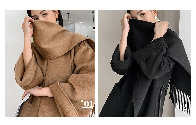 Elegant Scarf Collar Wool Coat - Double-Sided Lace-Up Mid