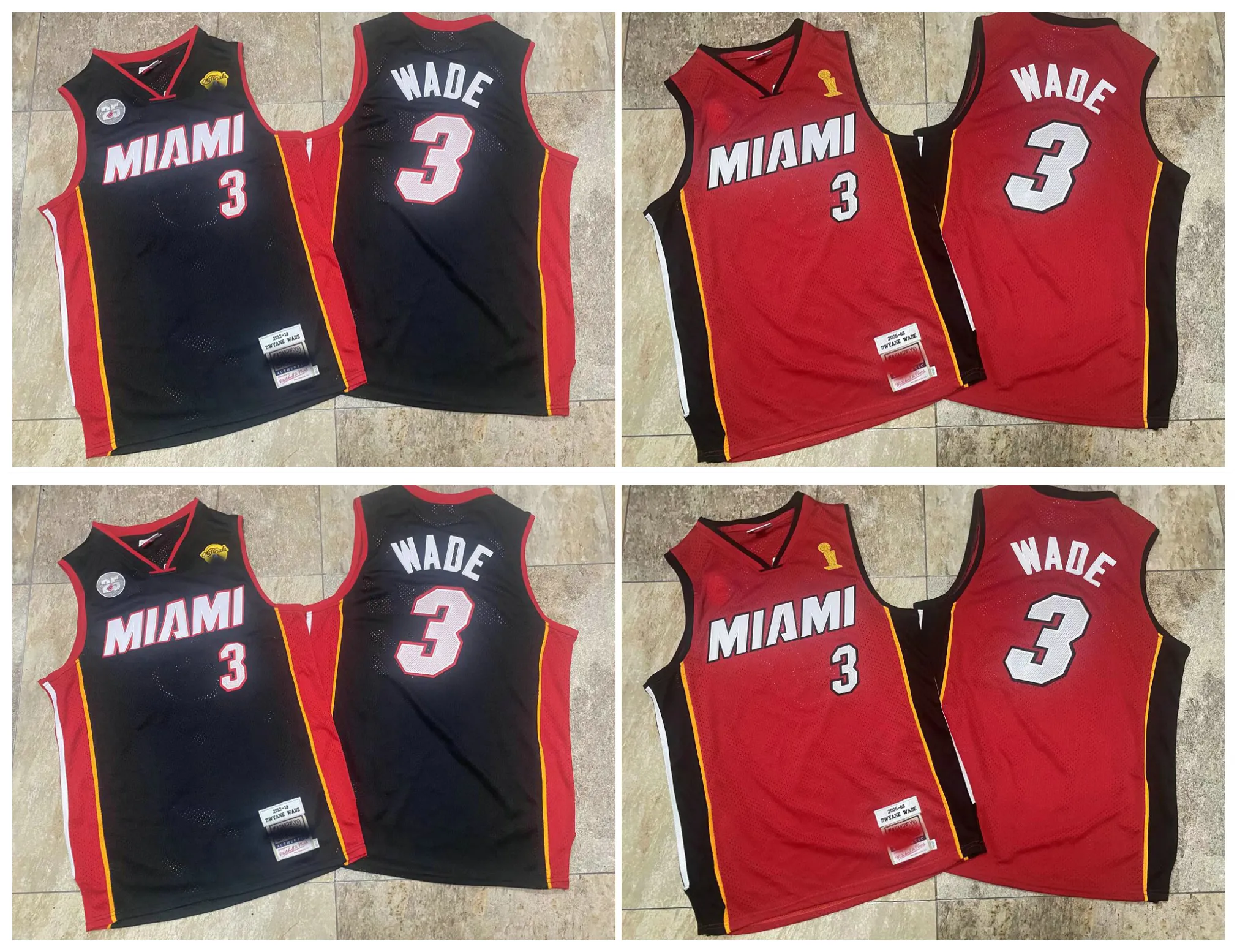 SL Dwyane Wade värmer baskettröja Miamis Mitch och Ness Throwback Black White Size S-XXL