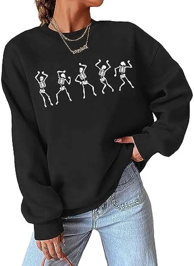 Sweat-shirt à col rond pour femme, haut à manches longues, avec squelette de danse d'halloween, saison effrayante, crâne d'horreur