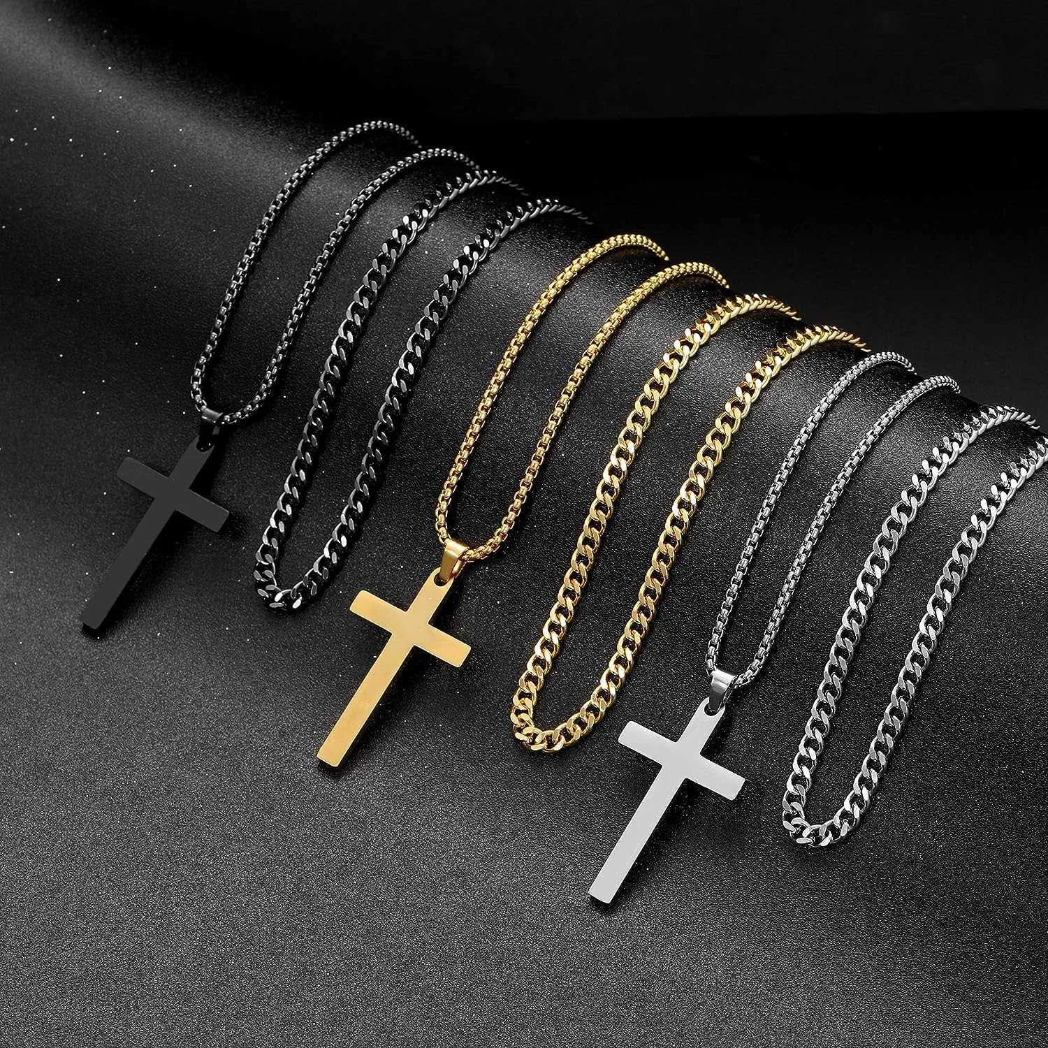 LUXEJEW Colliers en acier inoxydable avec chaîne à maillons cubains en argent noir et or avec pendentif croix pour hommes, garçons et femmes 40,6 à 66 cm