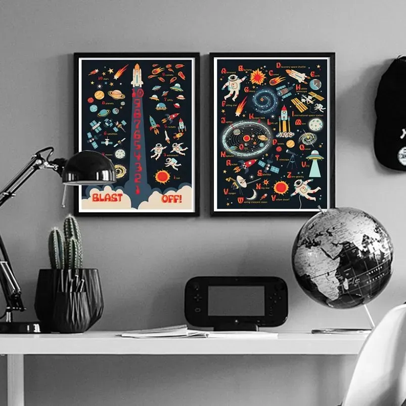 Canvas Painting Space Rocket Astronaut Nursery Wall Art Print Nordic Solar System Planet Poster Sun Wall Pictures Boy Kids Bedroom Living Room Decor Gift No Frame Wo6