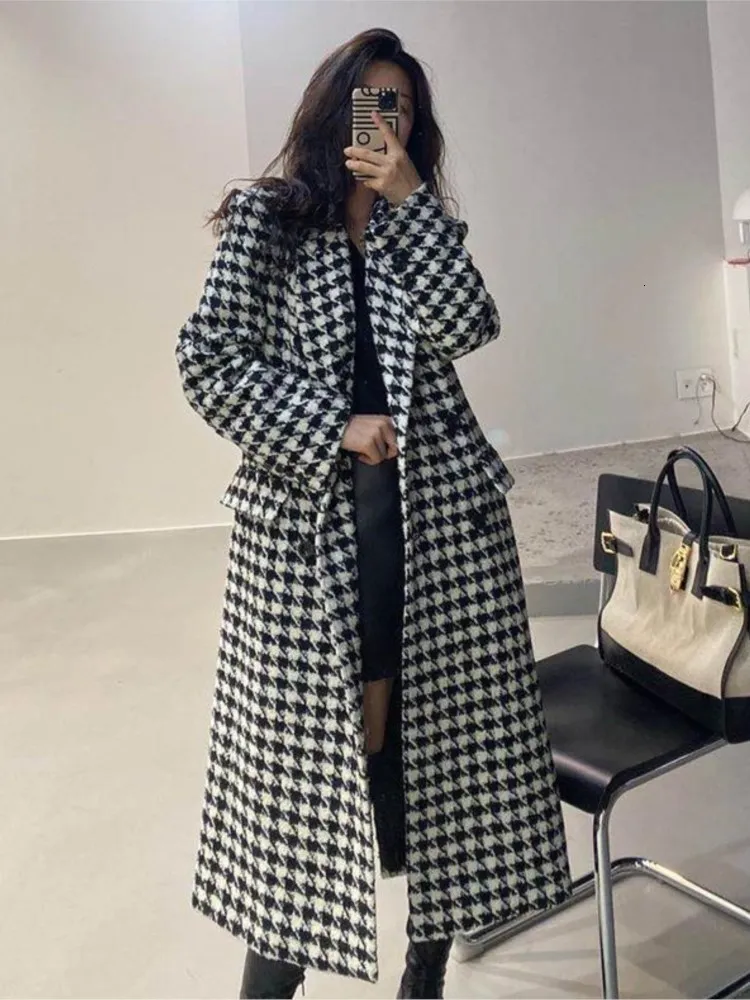 Womens Wool Blends Jacket Women Winter Korean Fashion Double Breasted Houndstooth Long Overcoat Thick Warm Woolen Coat ropa mujer 230828
