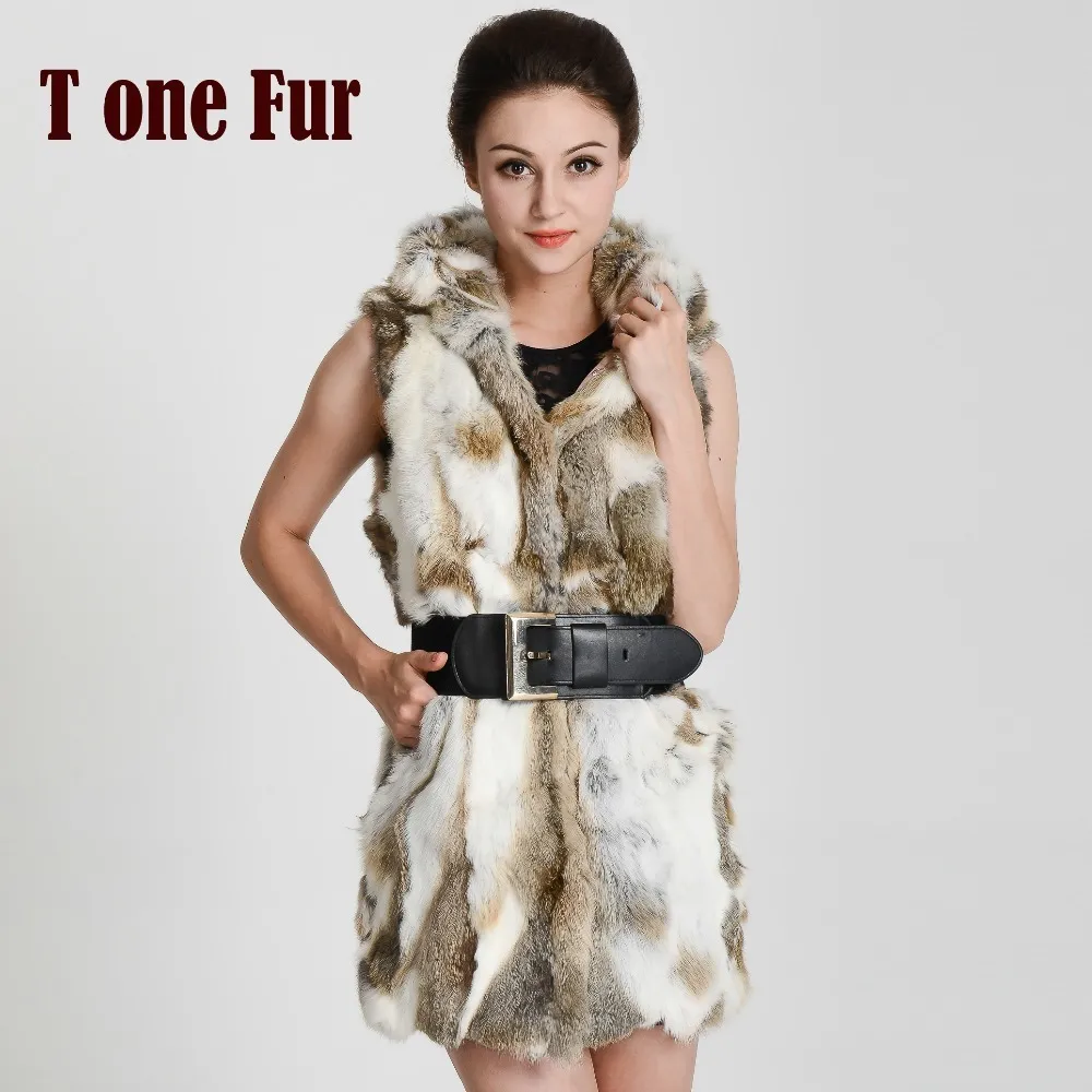 Women futra sztuczne kobiety moda moda kamizelka tonfur prawdziwy królik dla żeńskiej kamizelki z kapturem zima ciepłe khp272 230828