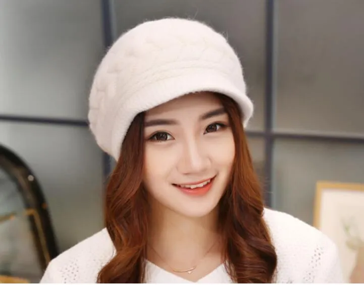 womens warm winer beanies rabbit thick double layer hat hats travel mens and women caps sweet girls designer cap 56-58cm pure color