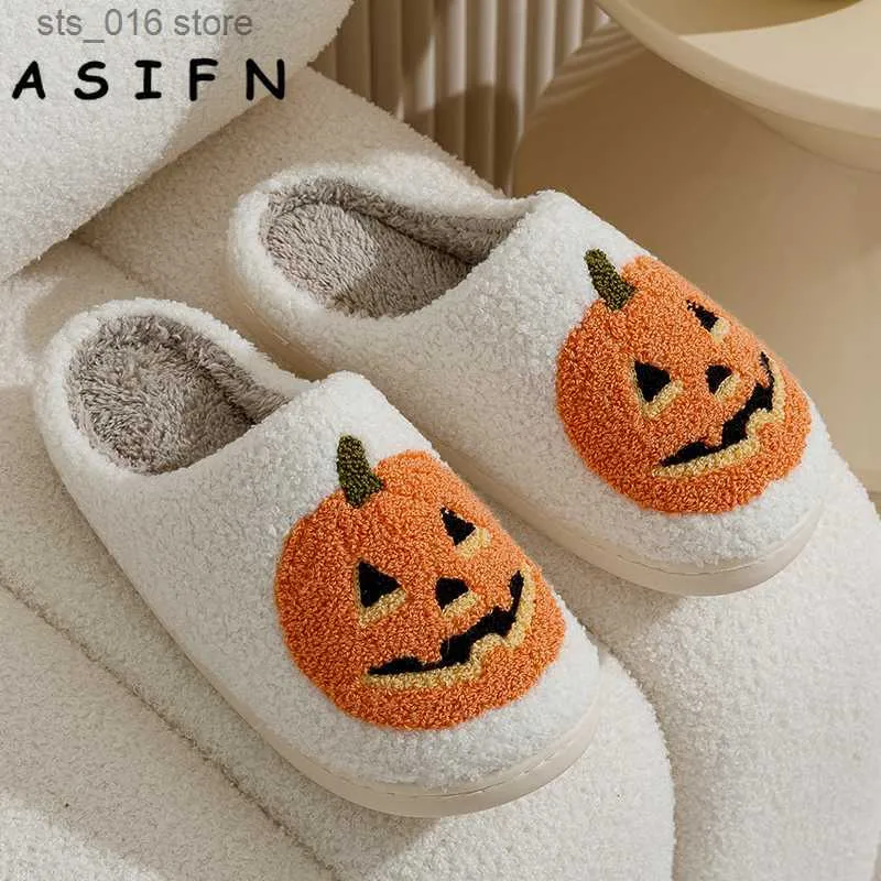 Femmes citrouille asifn hommes Nouveaux pantoufles d'Halloween molles en peluche douce confortable intérieure intérieure d'hiver chaussures de chaussures de maison de maison mode pour cadeau t