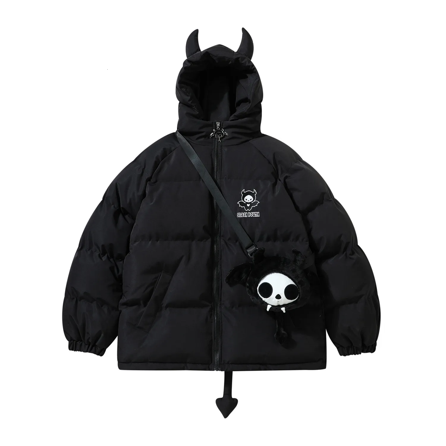 Herrarna ner parkas hip hop parkas män streetwear djävul horns vinge svans designer huva vadderade jackor tjocka varma puffer bubbla rockar med docka 230828